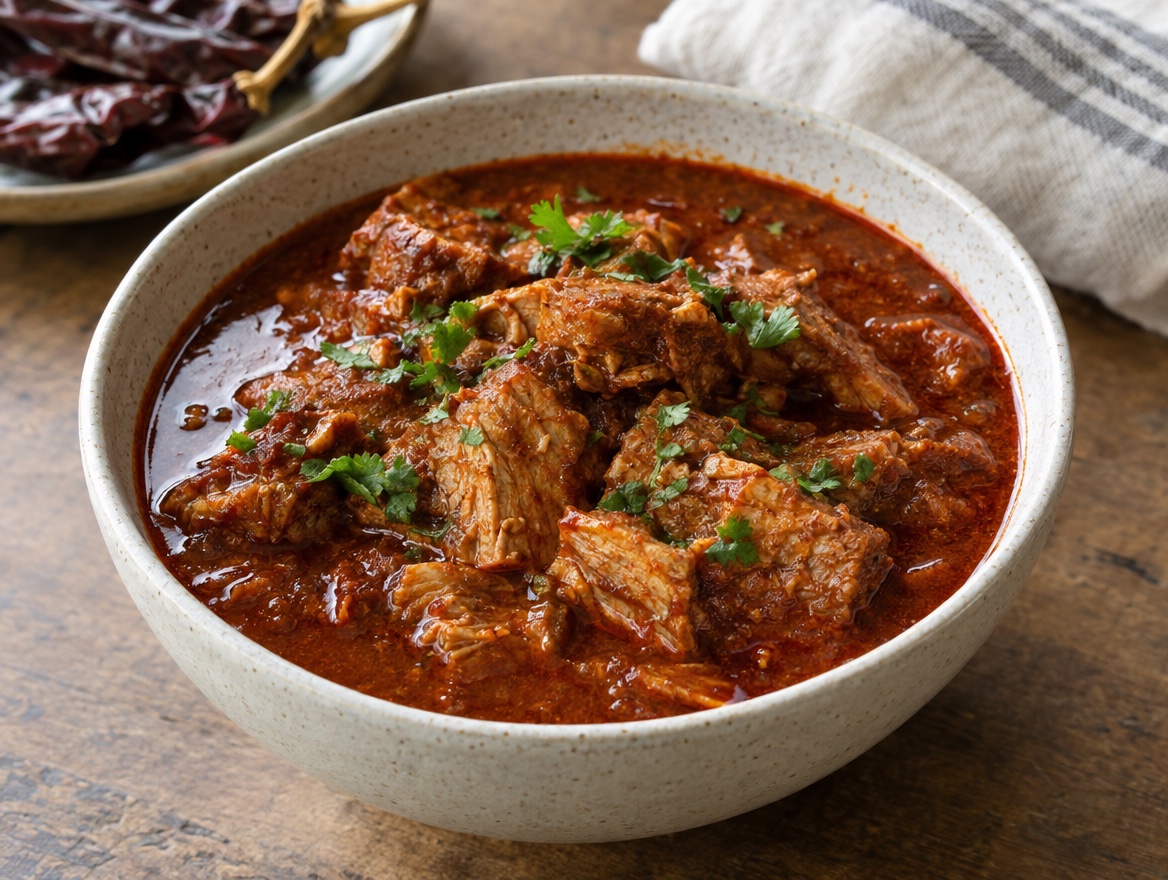 Source photograph of New Mexican pork chile. Not official I Want Some Food pixel artwork.