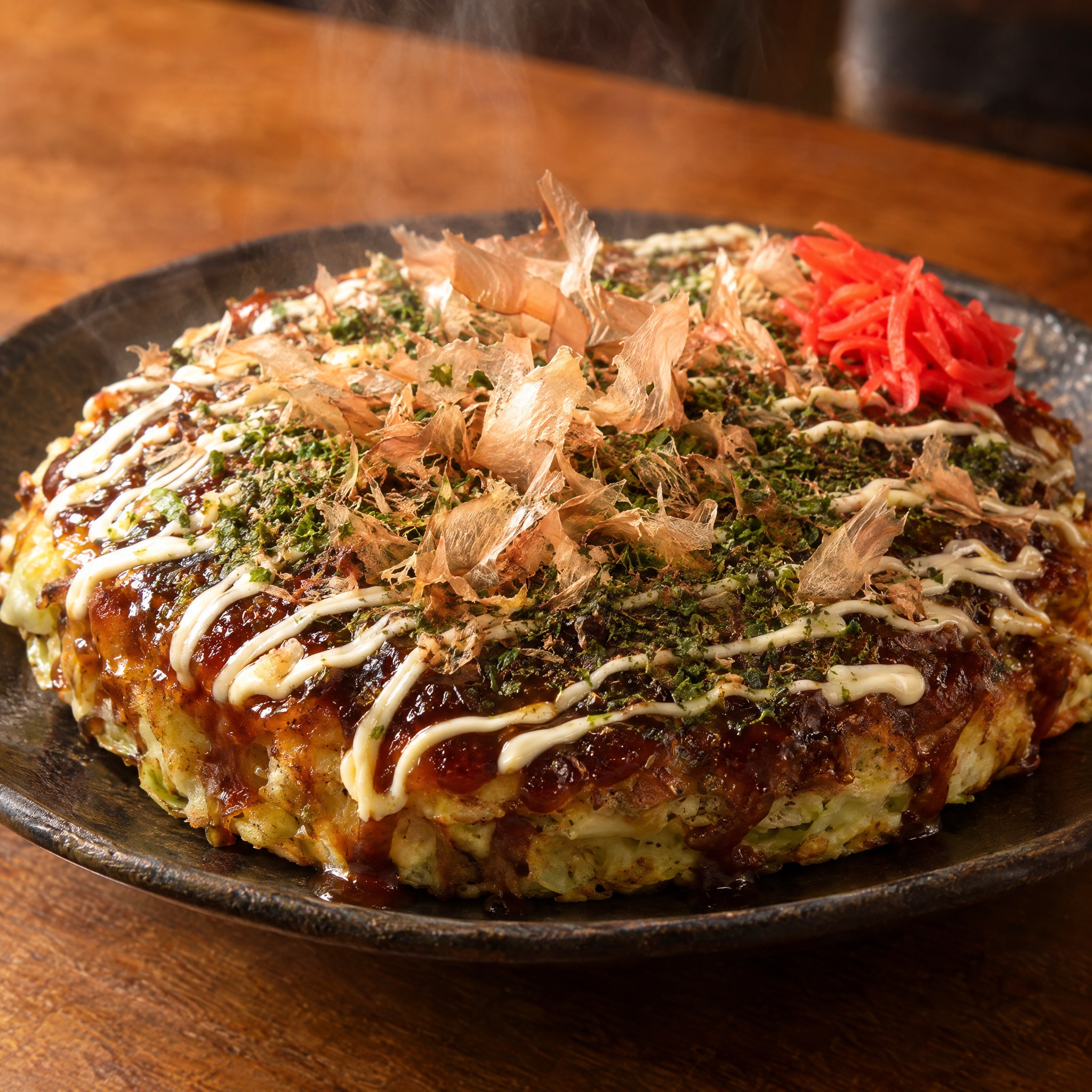 Source photograph of Okonomiyaki. Not official I Want Some Food pixel artwork.