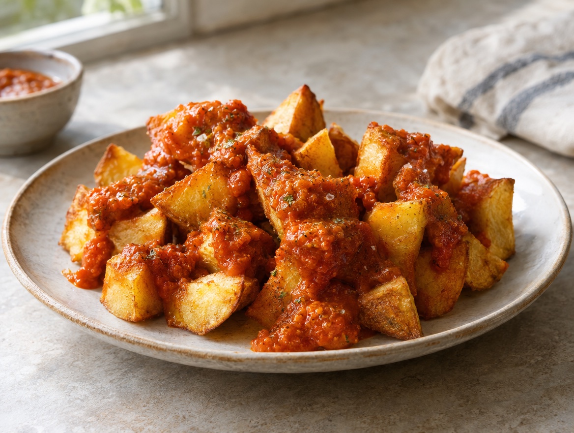 Source photograph of Patatas bravas. Not official I Want Some Food pixel artwork.