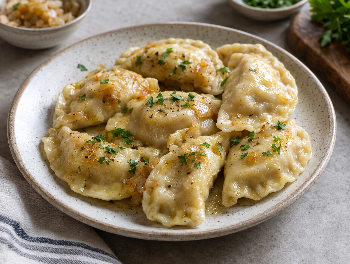 Source photograph of Pierogi. Not official I Want Some Food pixel artwork.