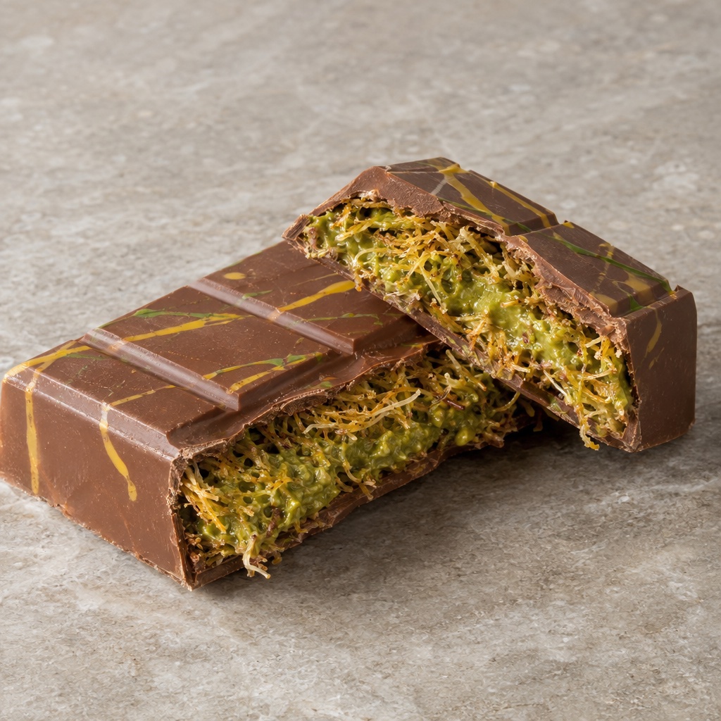 Source photograph of Pistachio knafeh chocolate. Not official I Want Some Food pixel artwork.