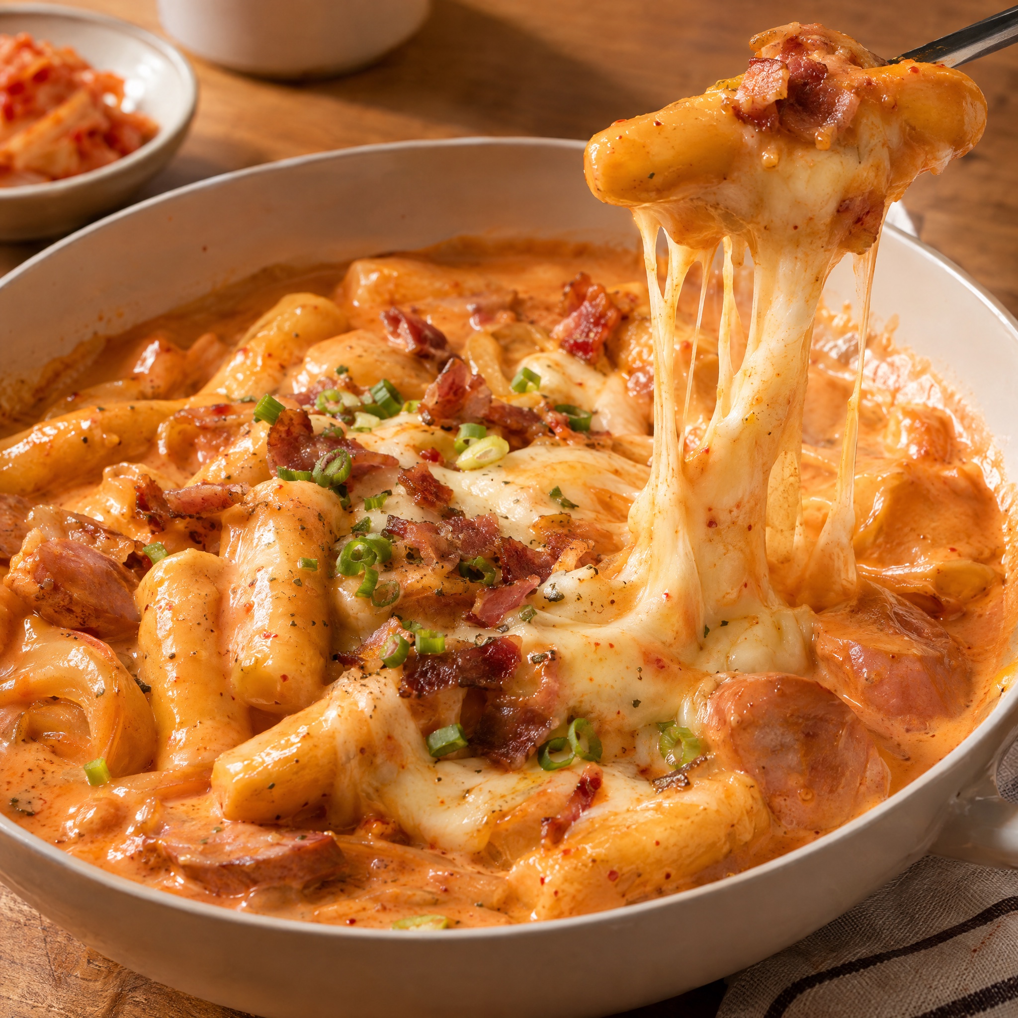 Source photograph of Rose tteokbokki. Not official I Want Some Food pixel artwork.