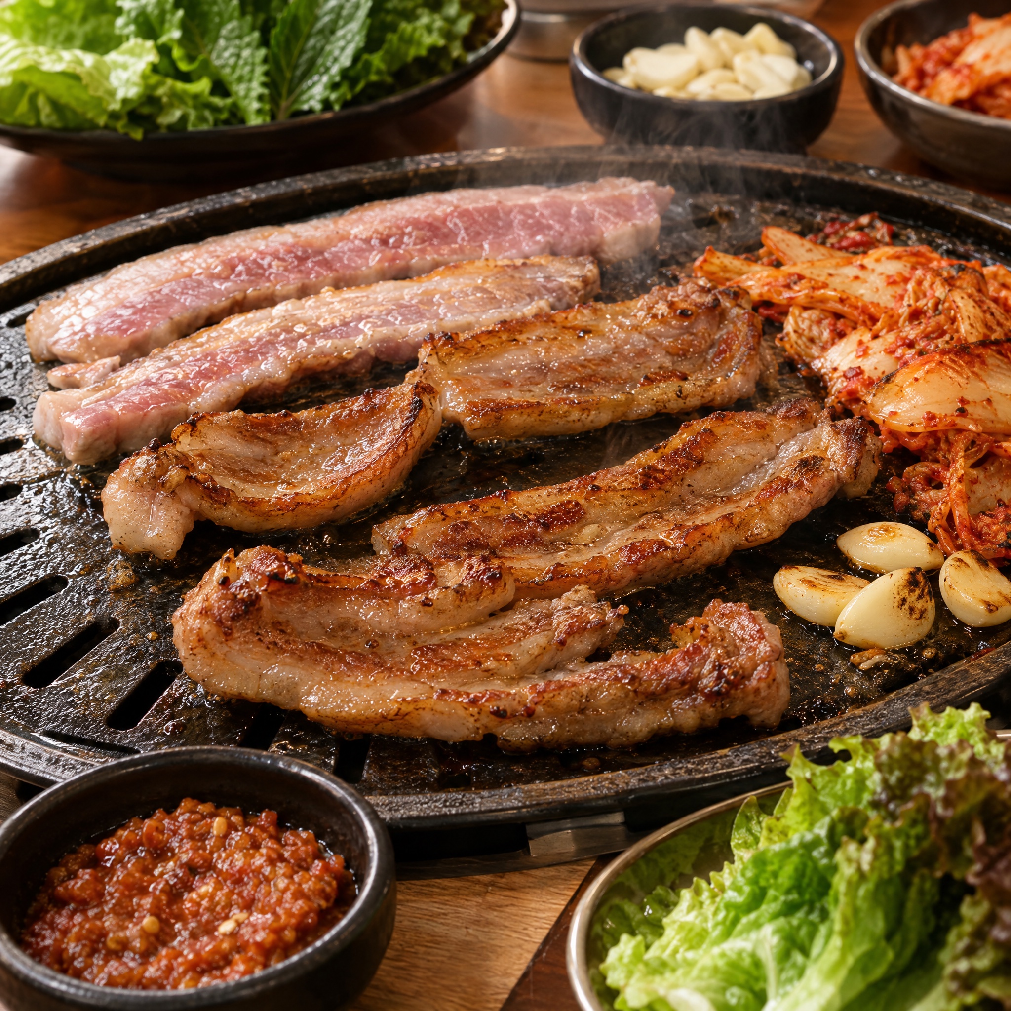 Source photograph of Samgyeopsal. Not official I Want Some Food pixel artwork.