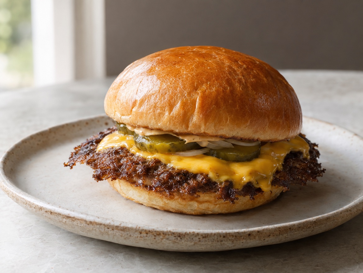 Source photograph of Smash burger. Not official I Want Some Food pixel artwork.