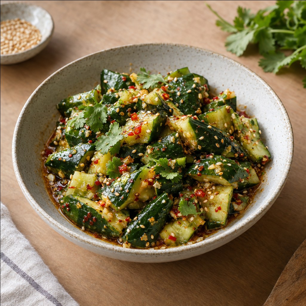 Source photograph of Smashed cucumber salad. Not official I Want Some Food pixel artwork.