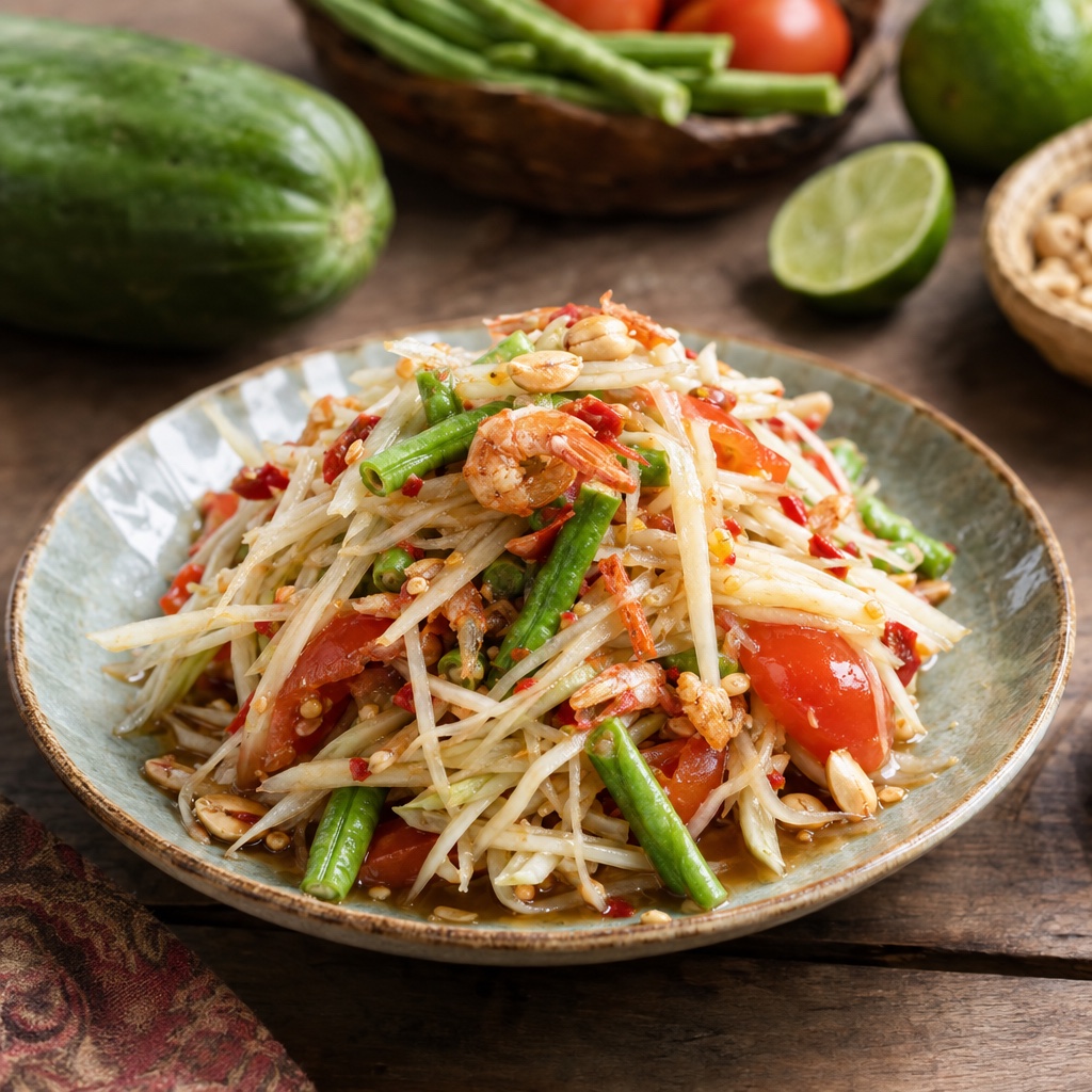 Source photograph of Som tam. Not official I Want Some Food pixel artwork.