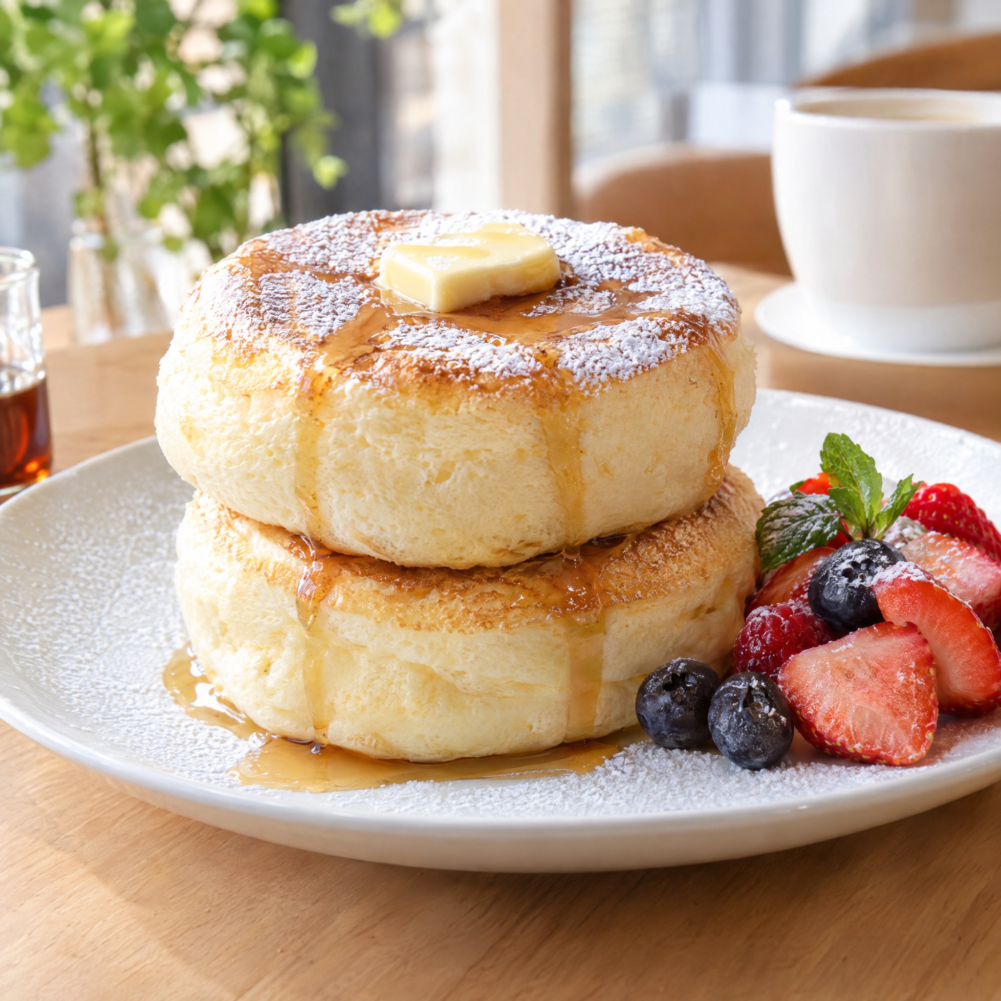 Source photograph of Soufflé pancakes. Not official I Want Some Food pixel artwork.