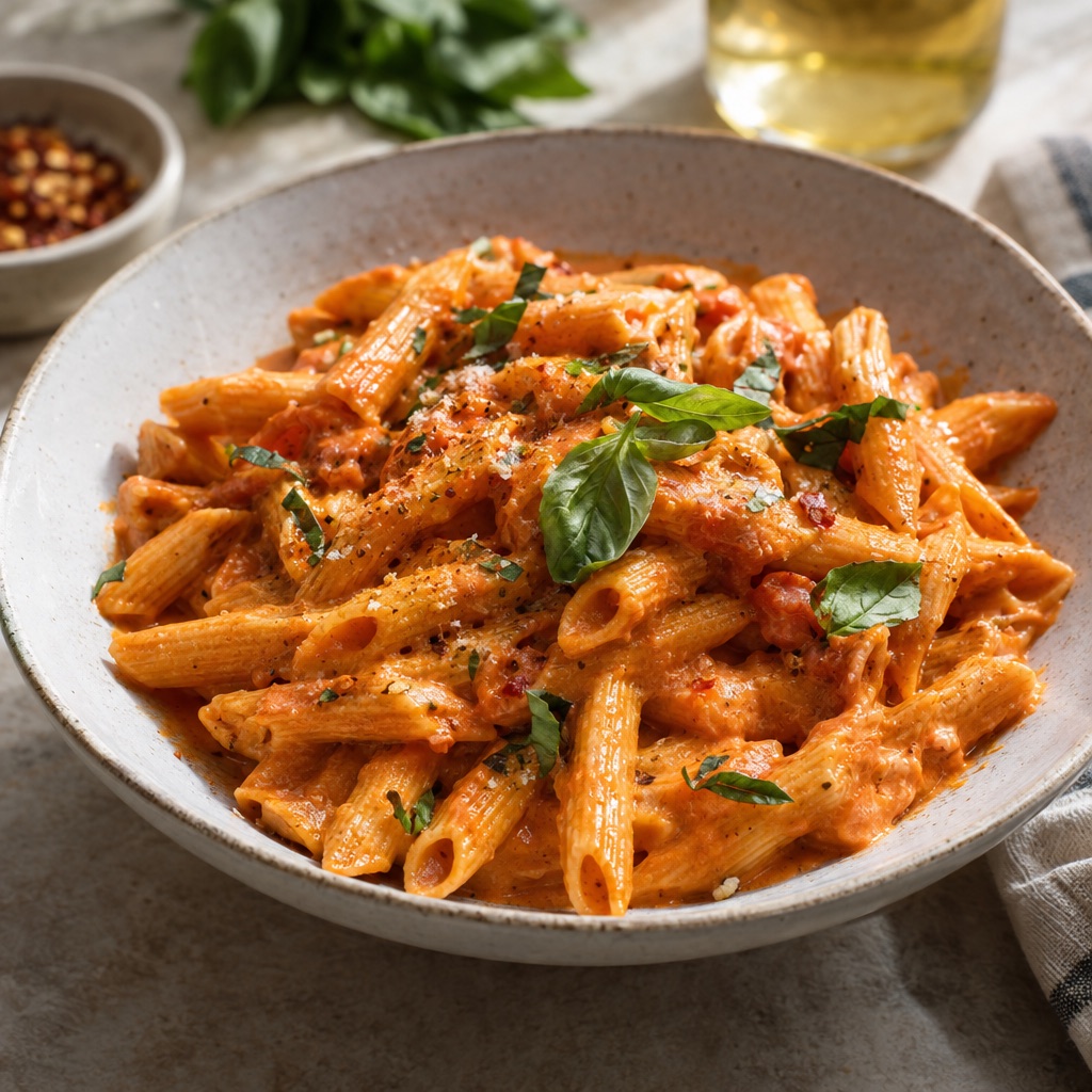 Source photograph of Spicy vodka pasta. Not official I Want Some Food pixel artwork.