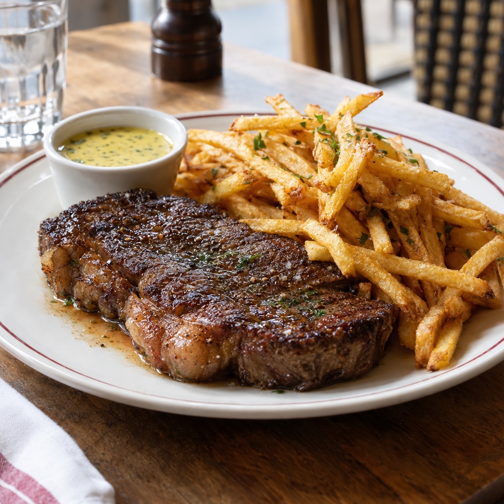 Source photograph of Steak frites. Not official I Want Some Food pixel artwork.