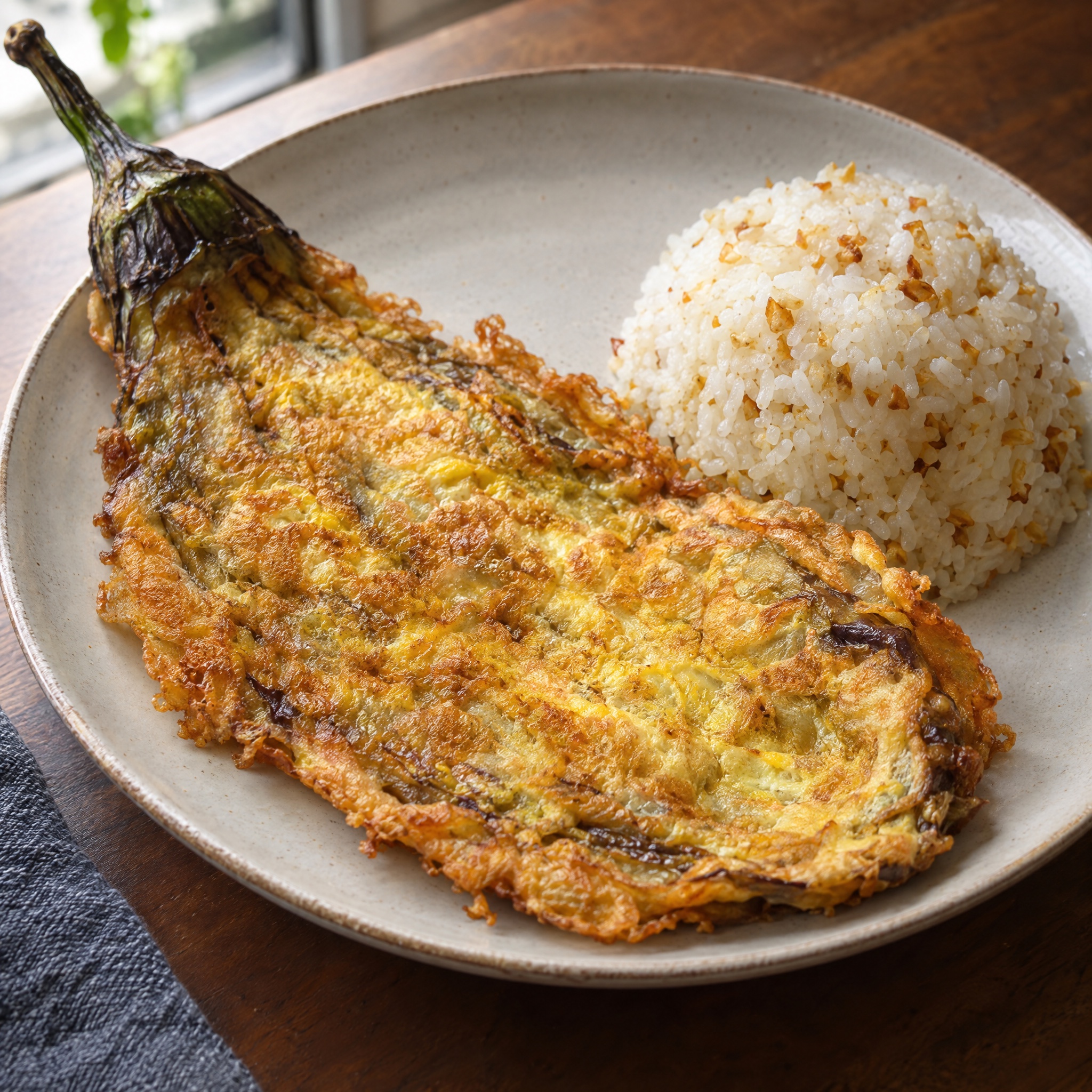 Source photograph of Tortang talong. Not official I Want Some Food pixel artwork.