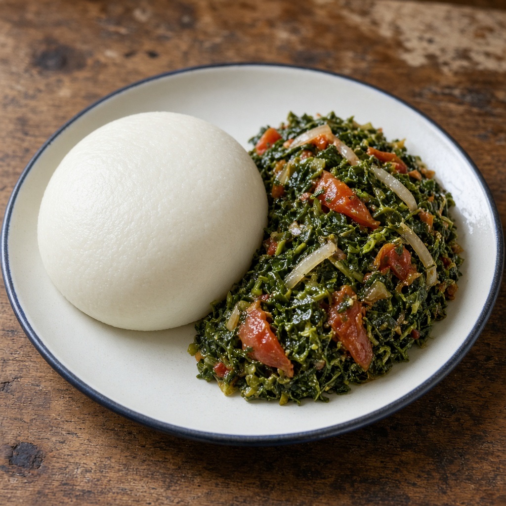 Source photograph of Ugali and sukuma wiki. Not official I Want Some Food pixel artwork.