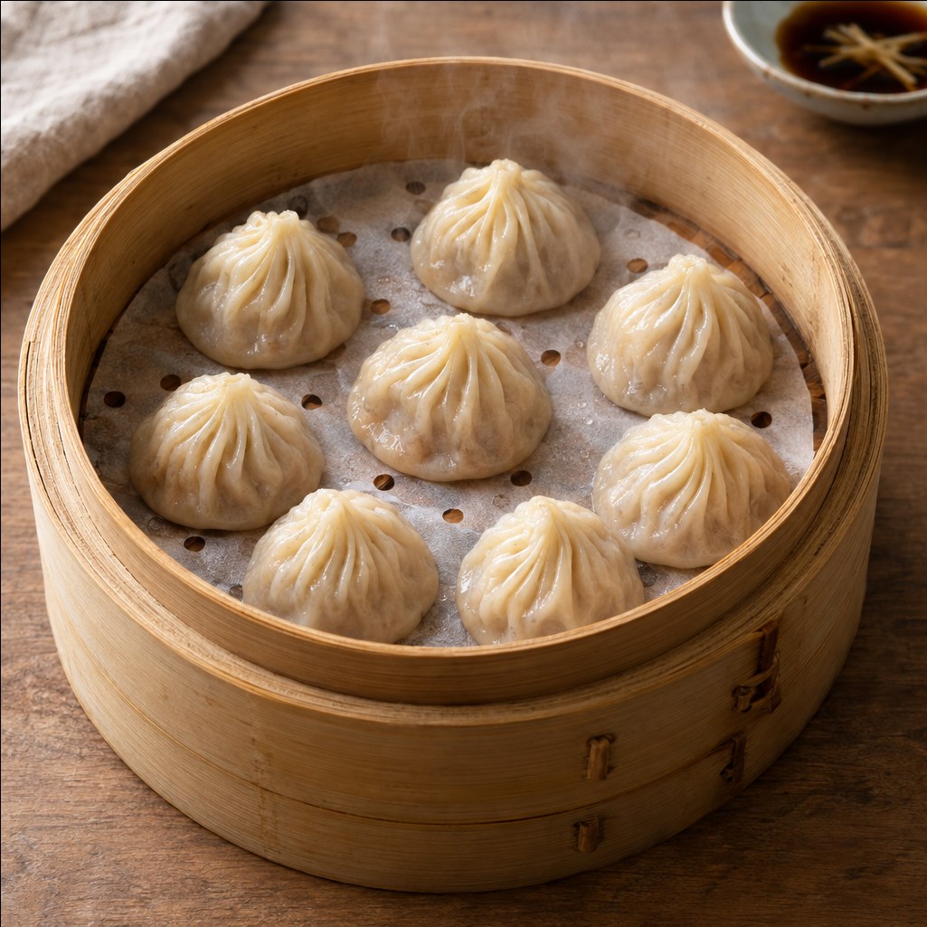 Source photograph of Xiaolongbao. Not official I Want Some Food pixel artwork.